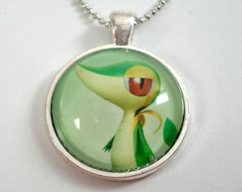 Snivy Pokemon Necklace OR Keychain - Upcycled Pokemon Card Pendant - Silver Pendant w/Chain - Snivy Necklace - Pokemon Card Necklace
