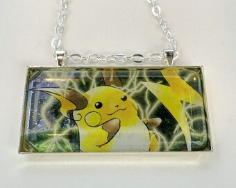 Raichu Necklace - Holographic Pokemon Card Necklace - Upcycled Pokemon Card Pendant w/Chain - Bar Necklace - Pokemon Necklace