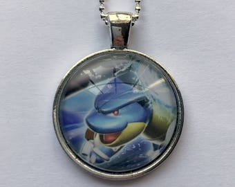 Mega Blastoise Pokemon Necklace OR Keychain - Upcycled Pokemon Card Necklace - Silver Pendant w/Chain - Blastoise Necklace - Pokemon Pendant