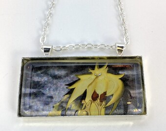 Rocket's Zapdos Necklace - Holographic Pokemon Card Necklace - Upcycled Pokemon Card Pendant w/Chain - Bar Necklace - Pokemon Necklace