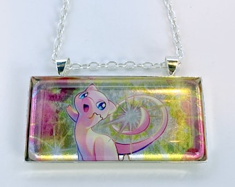 Celebrations Mew Necklace - Holographic Pokemon Card Necklace - Upcycled Pokemon Card Pendant w/Chain - Bar Necklace - Pokemon Necklace