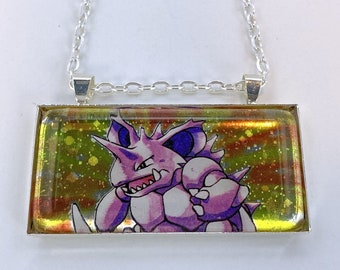 Nidoking Necklace - Holographic Pokemon Card Necklace - Upcycled Pokemon Card Pendant w/Chain - Bar Necklace - Pokemon Necklace