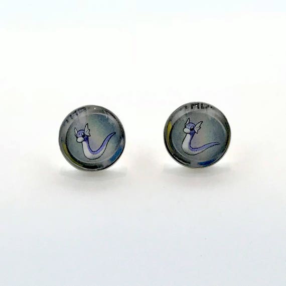 pokemon card earrings Dratini Earrings - Upcycled Pokemon Card Earrings - Pokemon Earrings - Sterling Silver - Pokemon Studs - Post Earrings