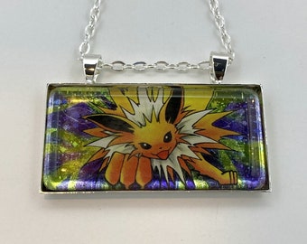 Jolteon Necklace - Holographic Pokemon Card Necklace - Upcycled Pokemon Card Pendant w/Chain - Bar Necklace - Pokemon Necklace