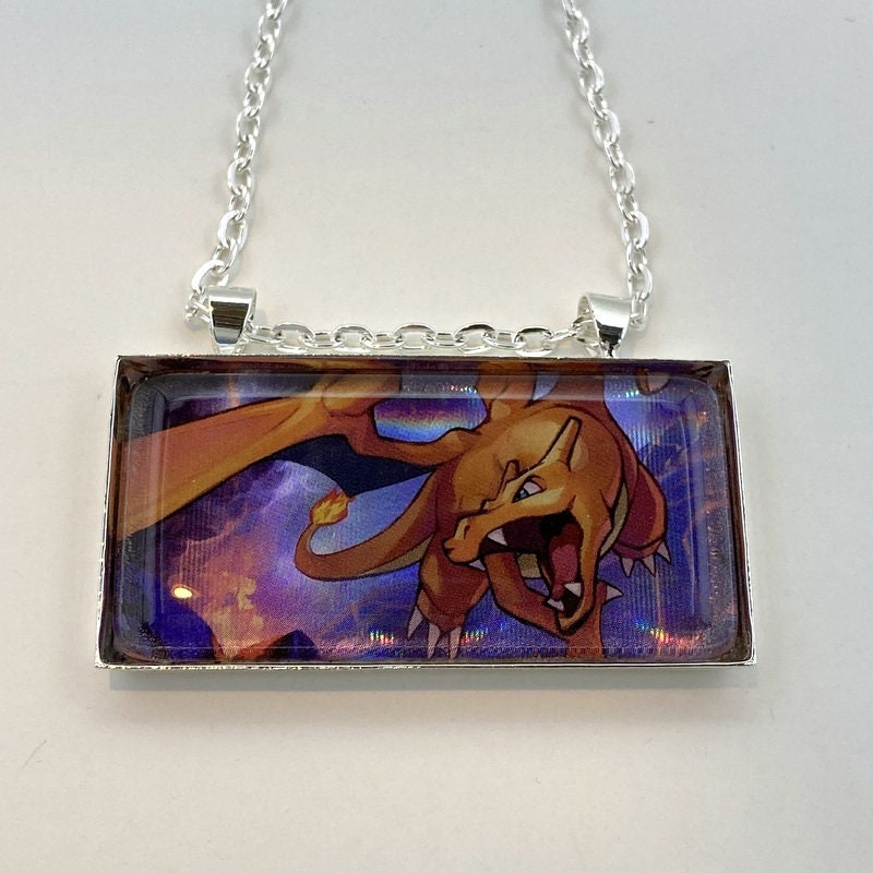 Charizard Necklace - Holographic Pokemon Card Necklace - Upcycled Pokemon Card Pendant w/Chain - Bar Necklace - Pokemon Necklace