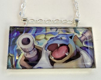 Blastoise Necklace - Holographic Pokemon Card Necklace - Upcycled Pokemon Card Pendant w/Chain - Bar Necklace - Pokemon Necklace