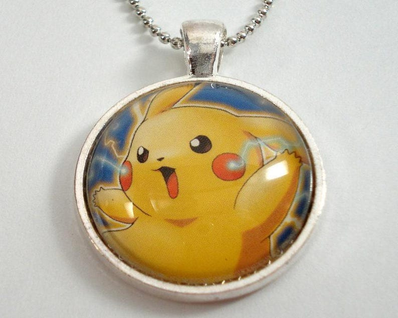 Pikachu Pokemon Necklace OR Keychain - Upcycled Pokemon Card Pendant - Silver Pendant w/Chain - Pikachu Necklace - Pokemon Card Necklace image 1