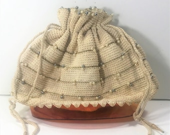 Vintage 1950s marbled celluloid plastic bottom drawstring handbag