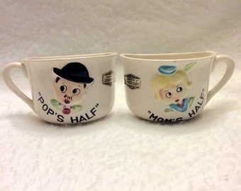 Mom's Half Pop's Half vintage 1940s coffee cups. Souvenir Herington KS. Free ship