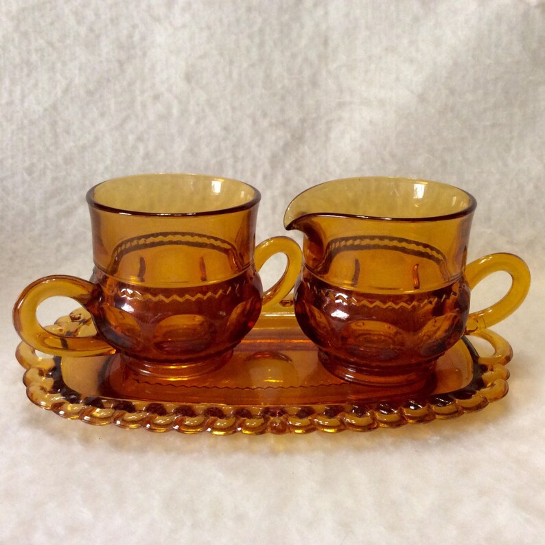 Amber Glass Thumbprint Sugar Bowl Creamer and Tray. Vintage Etsy
