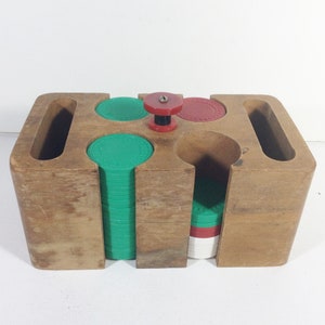 Vintage 1940s wood wooden poker chip and card holder