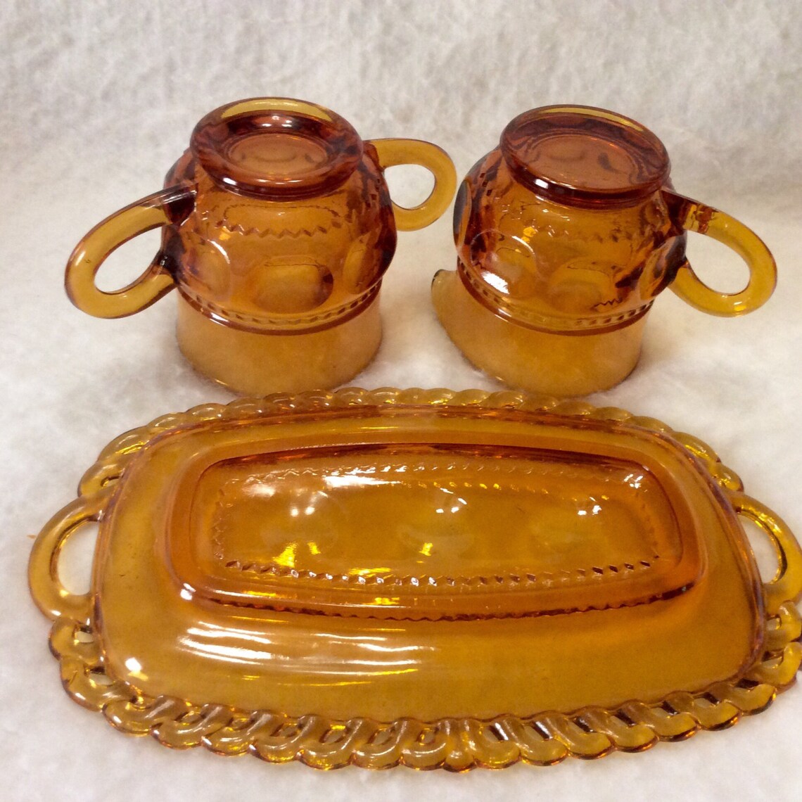 Amber Glass Thumbprint Sugar Bowl Creamer and Tray. Vintage Etsy