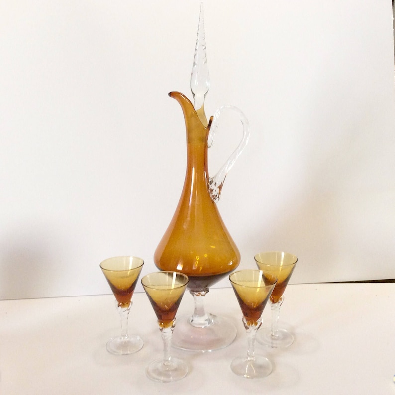 Vintage Hand Blown Amber Glass Decanter Cordial Glasses. Italy Etsy