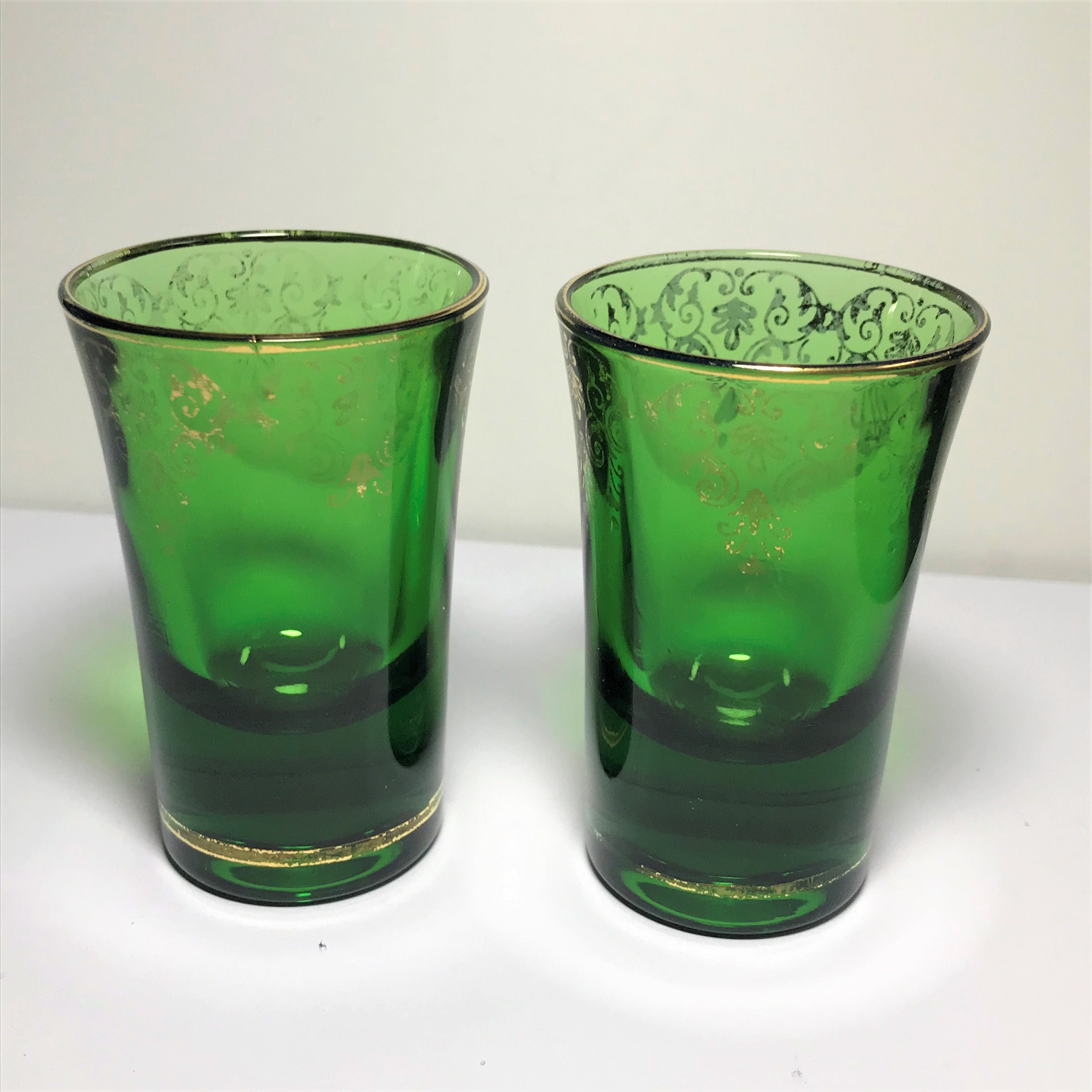 Green Depression Glass Shot Cordial Glasses Gold Gilt Etsy Ireland