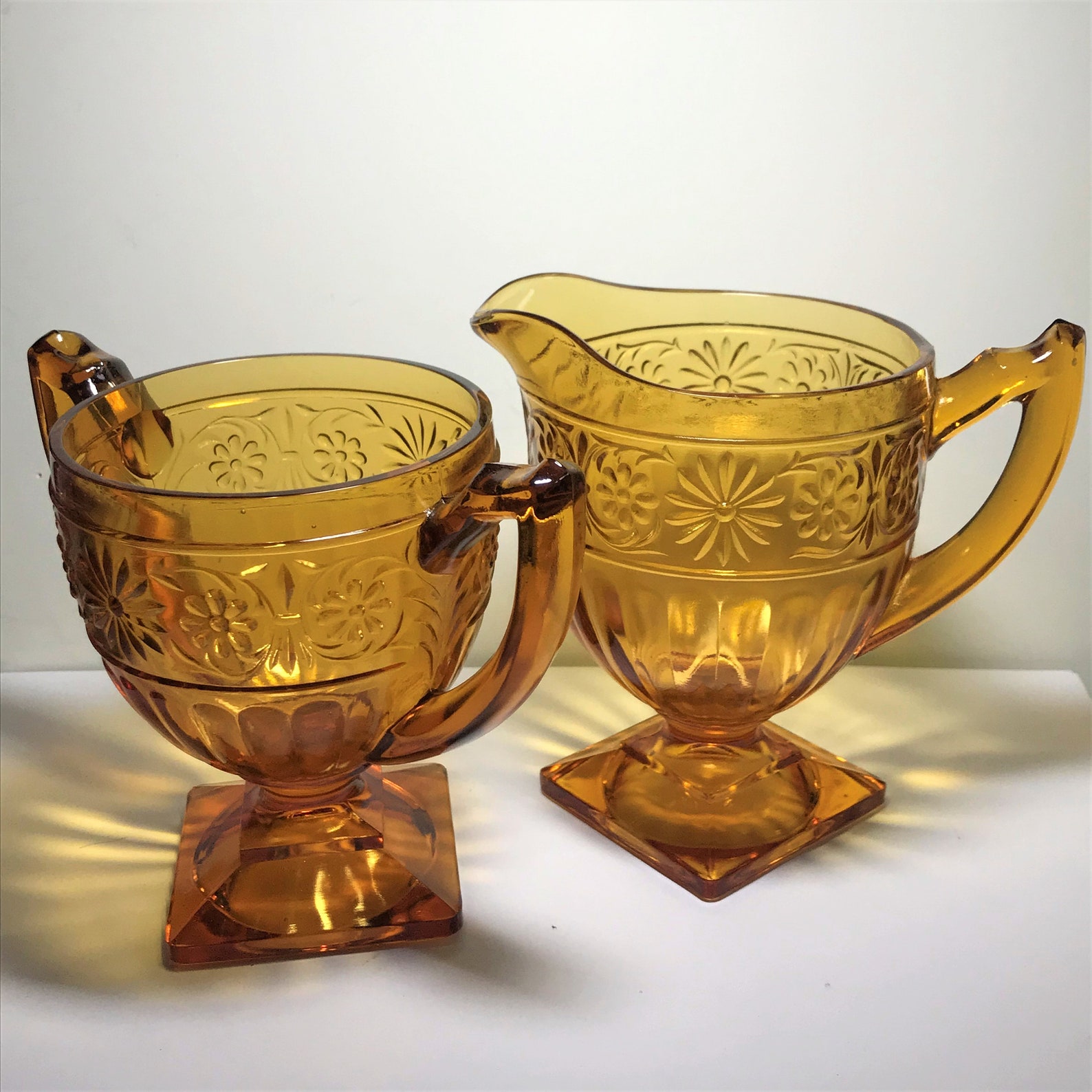 Vintage Amber Pattern Glass Sugar Bowl and Creamer Square Bottoms Etsy
