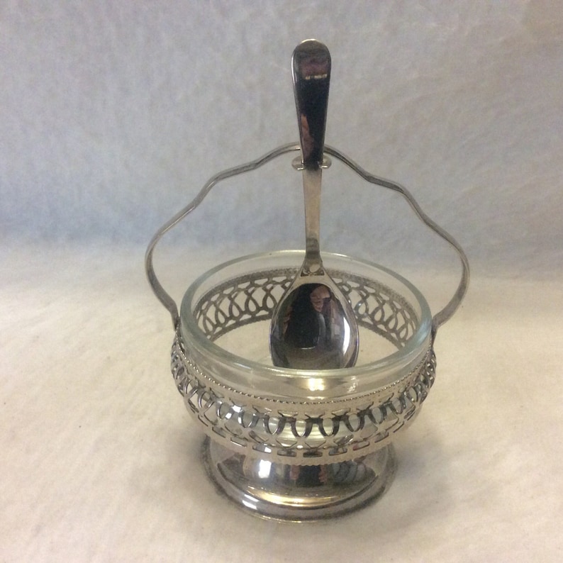Sheffield England Glass and Silver Plate Sugar Bowl Spoon. Free Ship to