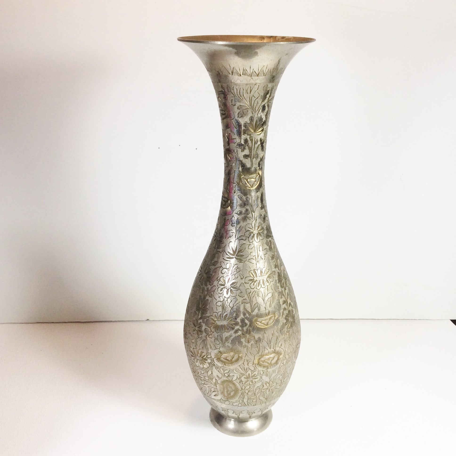 Vintage Designer Signed WGC India Etched Brass Vase. -  Singapore