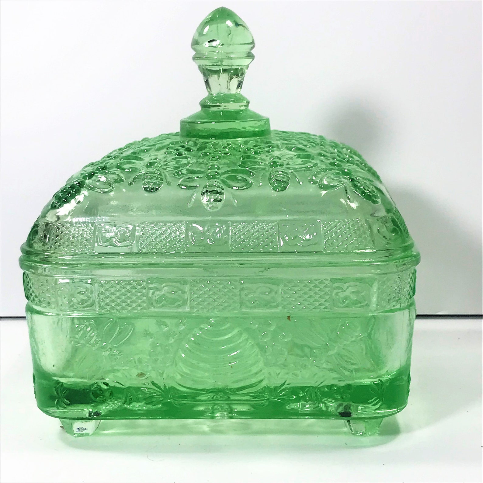 Green depression glass lidded honey candy trinket dish beehive Etsy