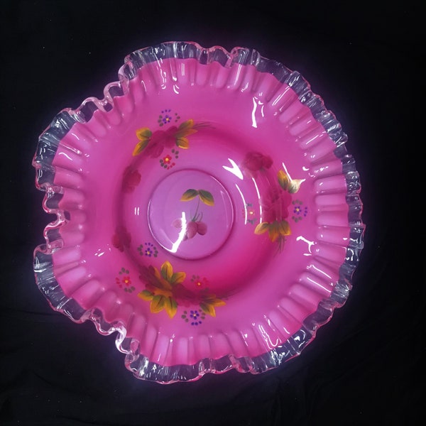 Hand painted milk glass ruffled rippled edges bowl.