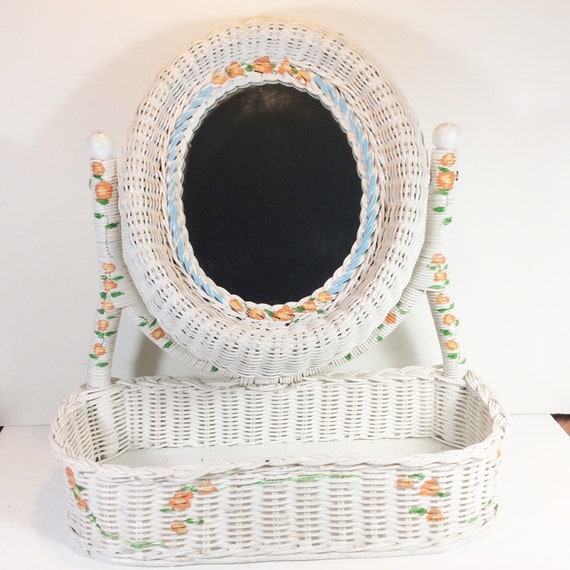 Vintage Wicker Vanity Mirror Caddy For Dresser Or Wall 1940s Vintage Wicker Vanity Mirror Caddy For