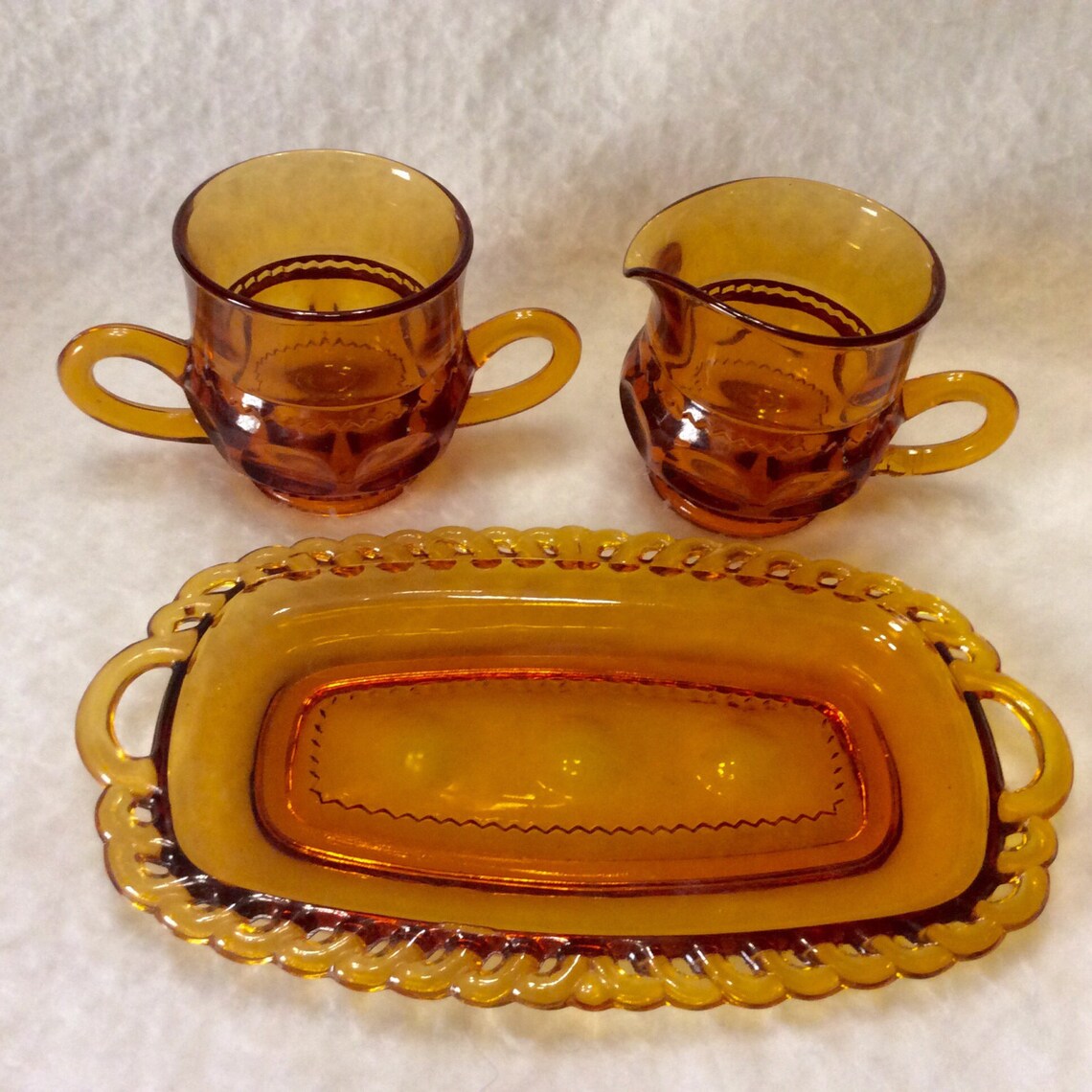 Amber Glass Thumbprint Sugar Bowl Creamer and Tray. Vintage Etsy