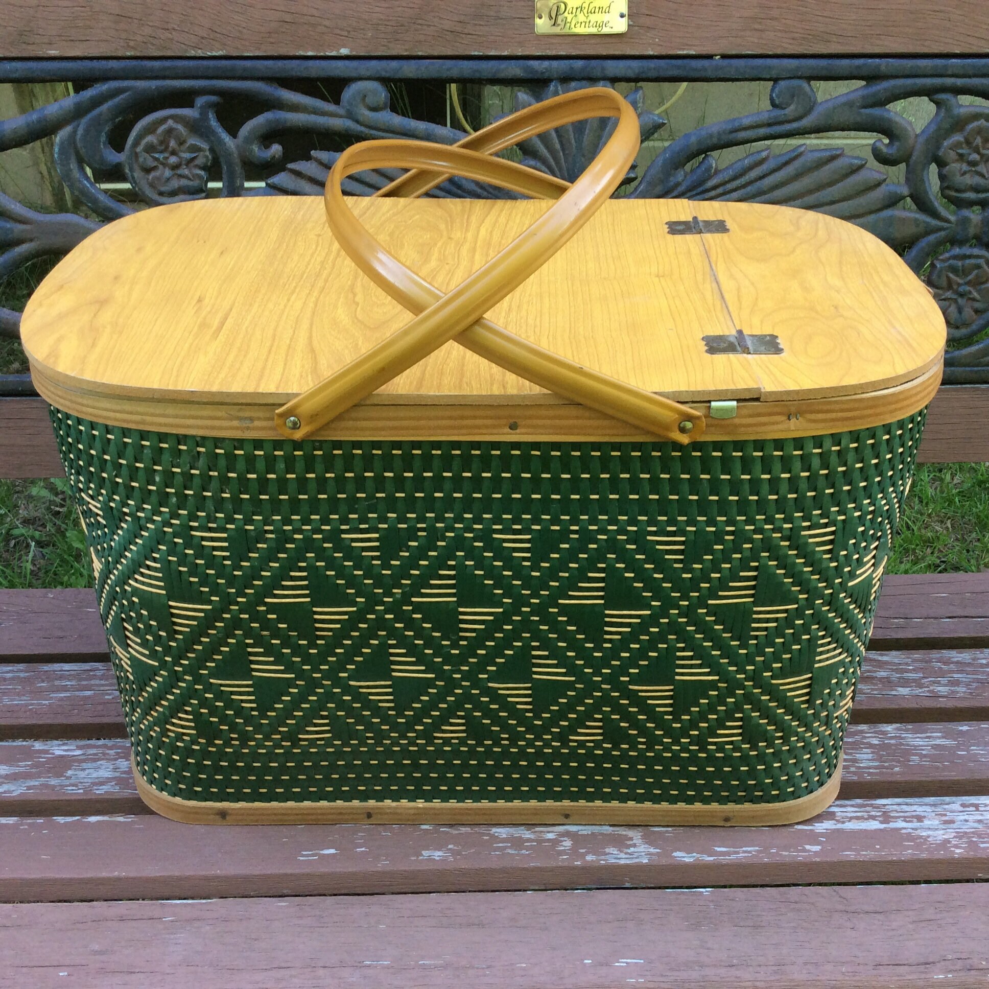 Vintage 1960s green wicker picnic basket with handles free Etsy