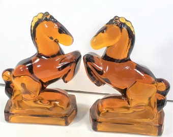 Vintage amber glass horse horses bookends WOW
