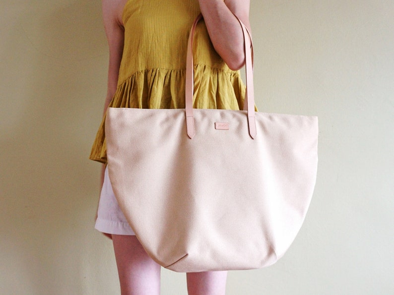 Canvas Weekend Tote Summer Beach Tote Work Bag Canvas Khaki Beige Casual Tote Bag with Leather Strap