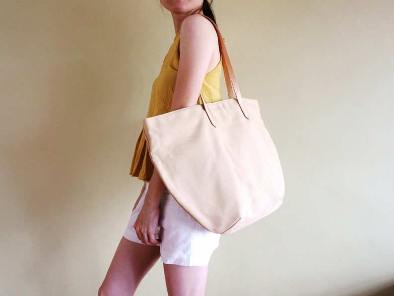 Canvas Weekend Tote  Summer Beach Tote  Work Bag Canvas Khaki Beige Casual Tote Bag with Leather Strap