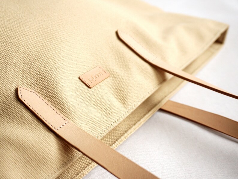 Canvas Weekend Tote Summer Beach Tote Work Bag Canvas Khaki Beige Casual Tote Bag with Leather Strap