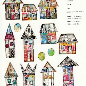 May include: A selection of vibrant, quirky house illustrations with diverse patterns and textures. Each house has unique features, including windows, doors, and decorative details. The image includes text such as "home" and "abode".