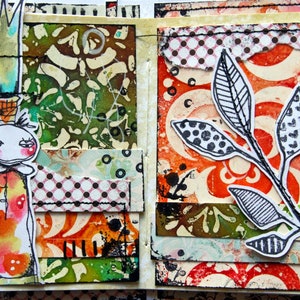 May include: Mixed media art journal spread with a whimsical illustration of a figure wearing a crown. The background features layered patterned papers in green, orange, and cream, with black ink splatters and a hand-drawn leaf design. The artist's name, Kate Crane, is visible.