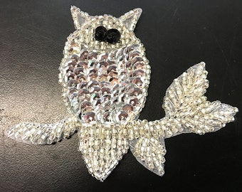 9 1/2"  Gold and White and Colorful Sequins OWL Iron On Patch Applique 