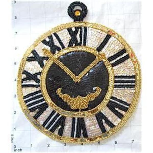 Clock with Black Beads Cream Sequins 9" x 7.5"