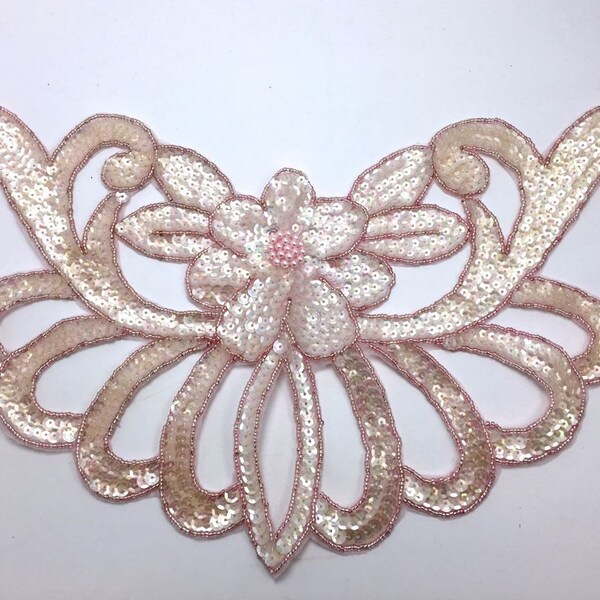 Designer Motif Flower Collar Neckline with Light Pink Sequins and Beads 16" x 8"