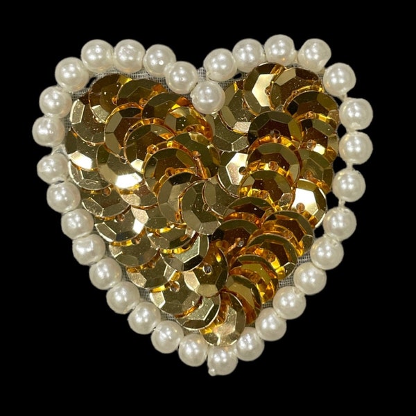 Gold Heart with Sequins and Pearl White Beads 1.5"