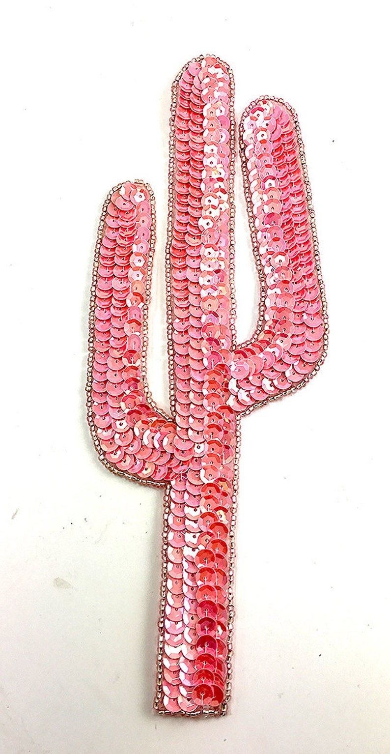 Choice of Color Cactus Appliqué, Sequin Beaded, 9 x 3.25 Pink