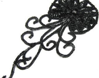 Flower Black Sequins and Beads with AB Rhinestone 8" x 4"