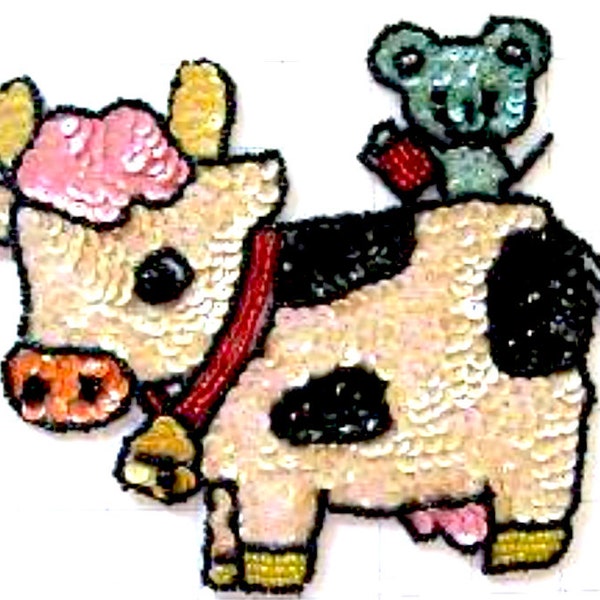 Beige Sequin Cow with Mouse Appliqué  7" x 6"