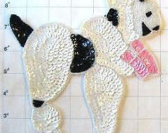 Poodle Applique, White, Black and Pink Sequin Beaded 8" x 7"