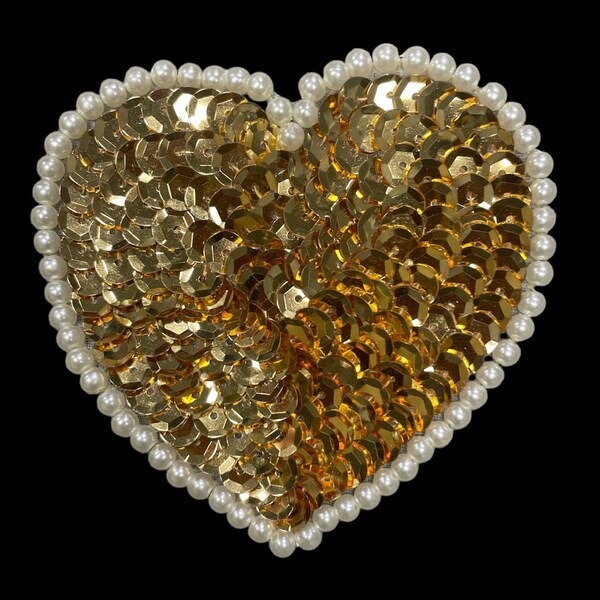 Gold Heart with Sequins and White Pearl Beads 3"