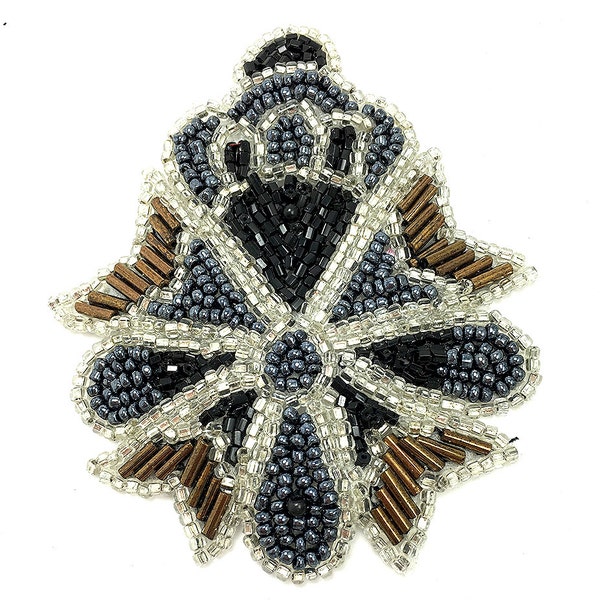 Crowned Crest Motif Applique with Grey, Black, Silver and Bronze Beads 3" x 3"