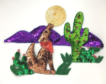 Choice of Size Coyote in Southwestern Landscape Appliqué, Sequin Beaded