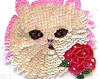 Cat with Rose Appliqué, Sequin Beaded  6" x 6"