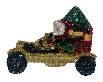Santa Driving a Black Car with Christmas Packages, Sequin Beaded 4.75" x 3.5