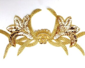 Designer Motif Neckline Applique, Gold Sequin Beaded, 10" x 6"