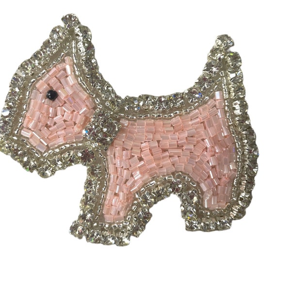 Scotty Dog Appliqué with Pink Beads and Rhinestone Trim, Iron-on 3" x 2.5"