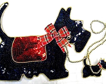 Scottie Dog with Puppy, Sequin Beaded with Ribbon Bow 8"x 10.5"