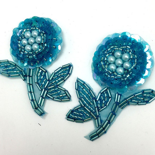 Choice of Color, Flower Pair Appliqué, Sequin Beaded, 2.5" x 2"