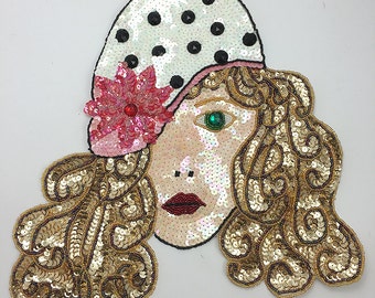 Choice of Size Fashion Diva Face Appliqué, Sequin Beaded with Acrylic Stones, 12" OR 8"